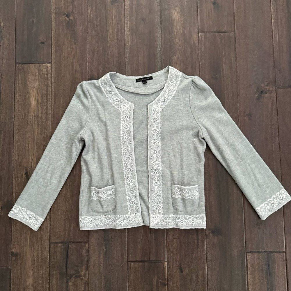 Lucca Couture Gray with White Lace Feminine Romantic Dainty Open Cardigan S